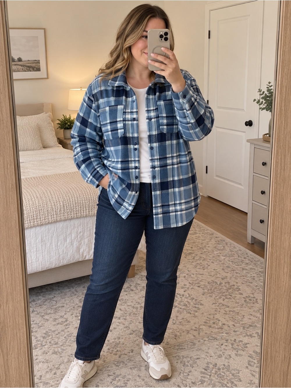 NWT Lands End Anyweather Fleece Shirt Jacket blue plaid large